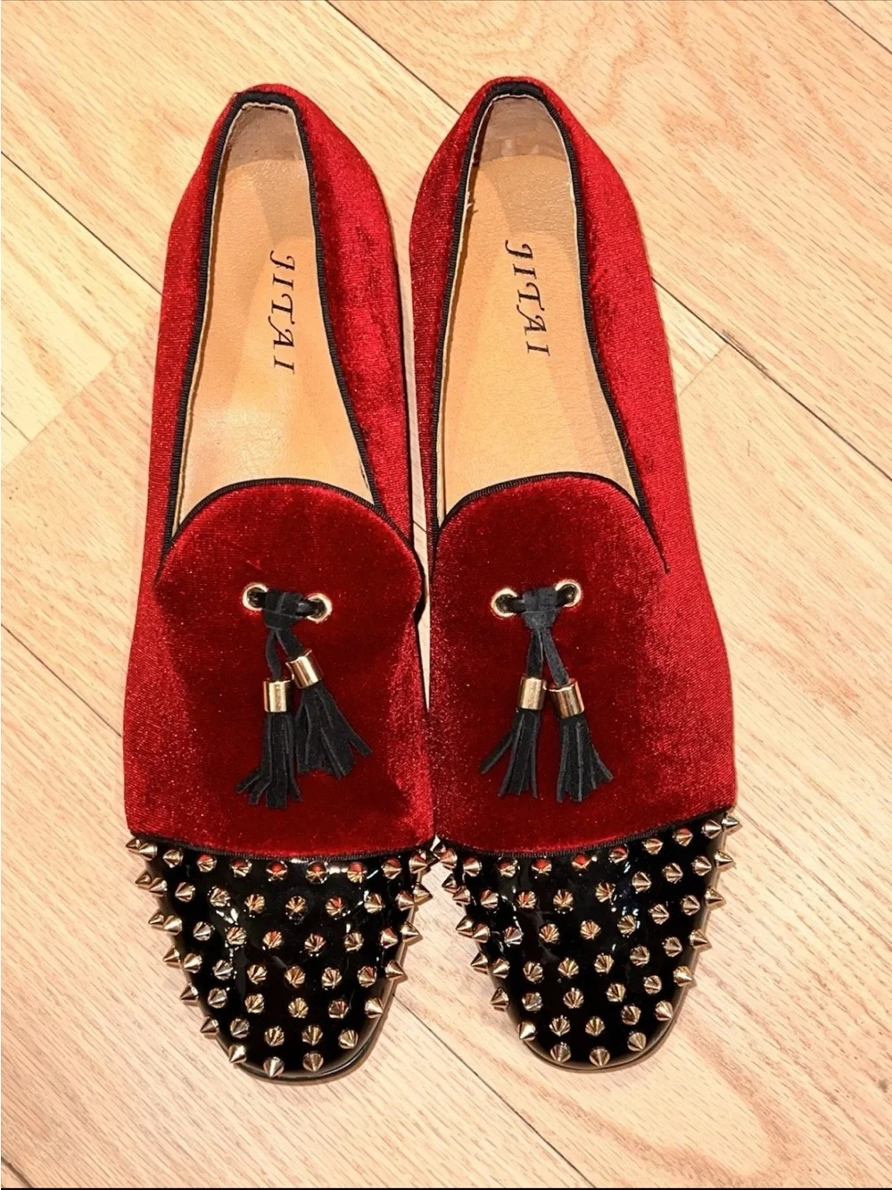 Red Velvet Studded Loafers Tassel Smoking Shoes Size 13 Wedding Formal Men